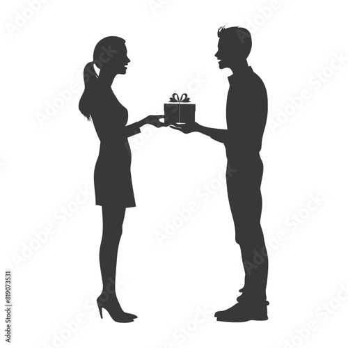 silhouette man and women couple exchanging gifts black color only