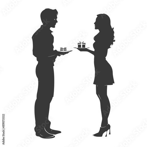 silhouette man and women couple exchanging gifts black color only