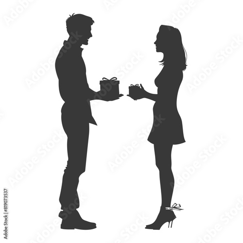 silhouette man and women couple exchanging gifts black color only
