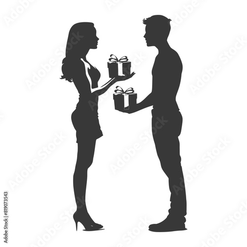 silhouette man and women couple exchanging gifts black color only