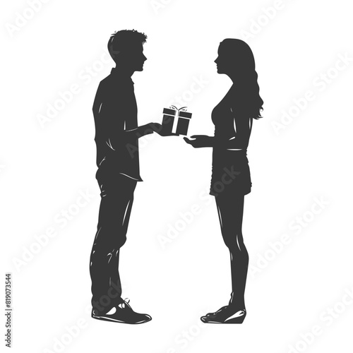 silhouette man and women couple exchanging gifts black color only