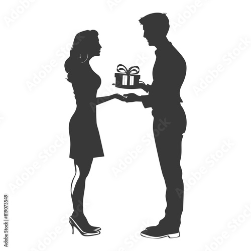 silhouette man and women couple exchanging gifts black color only