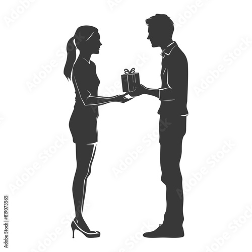 silhouette man and women couple exchanging gifts black color only