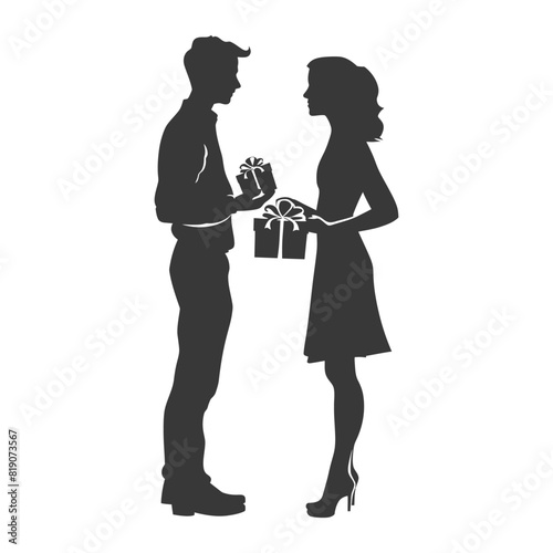 silhouette man and women couple exchanging gifts black color only