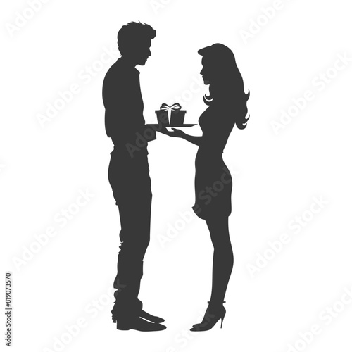 silhouette man and women couple exchanging gifts black color only