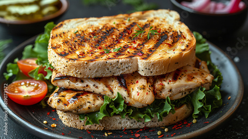 Top view grilled chicken sandwich on a black
