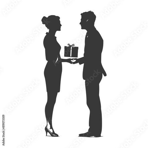 silhouette man and women couple exchanging gifts black color only