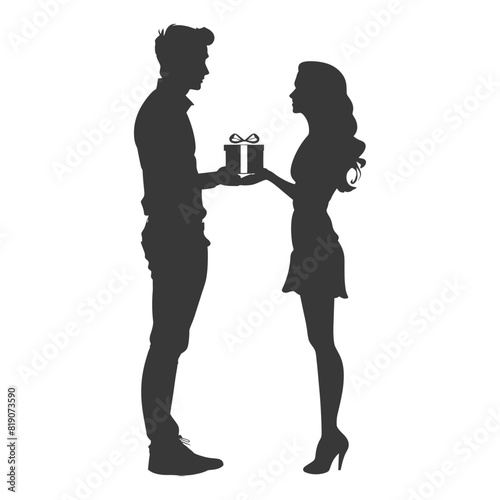 silhouette man and women couple exchanging gifts black color only