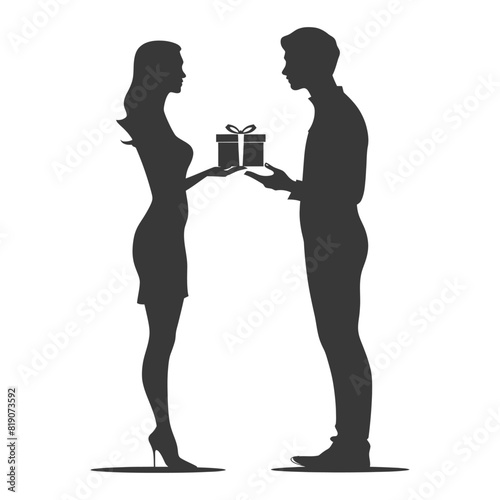 silhouette man and women couple exchanging gifts black color only