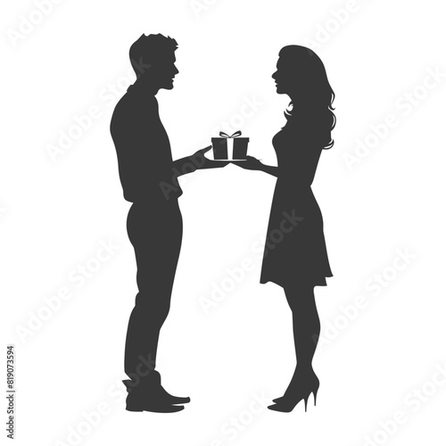 silhouette man and women couple exchanging gifts black color only