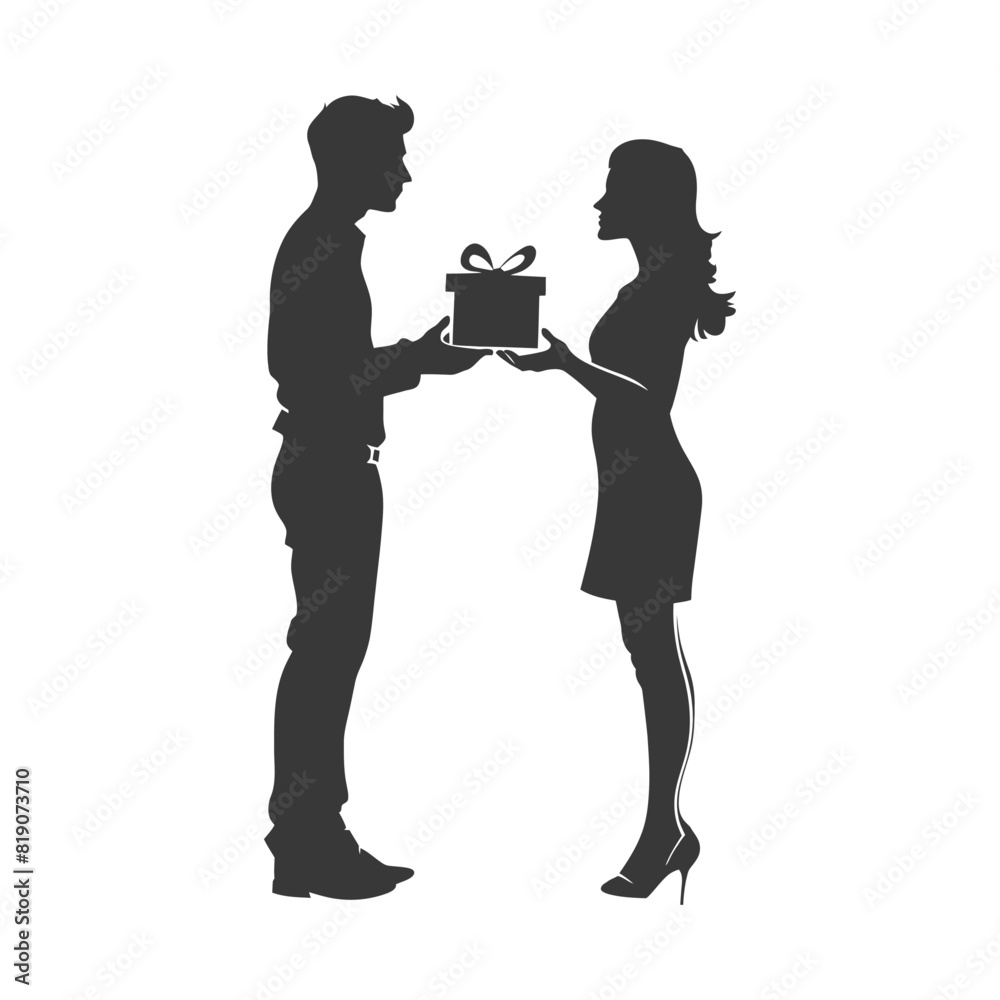 silhouette man and women couple exchanging gifts black color only