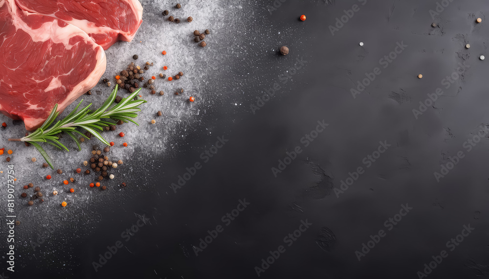 A close up of meat and spices on a black background