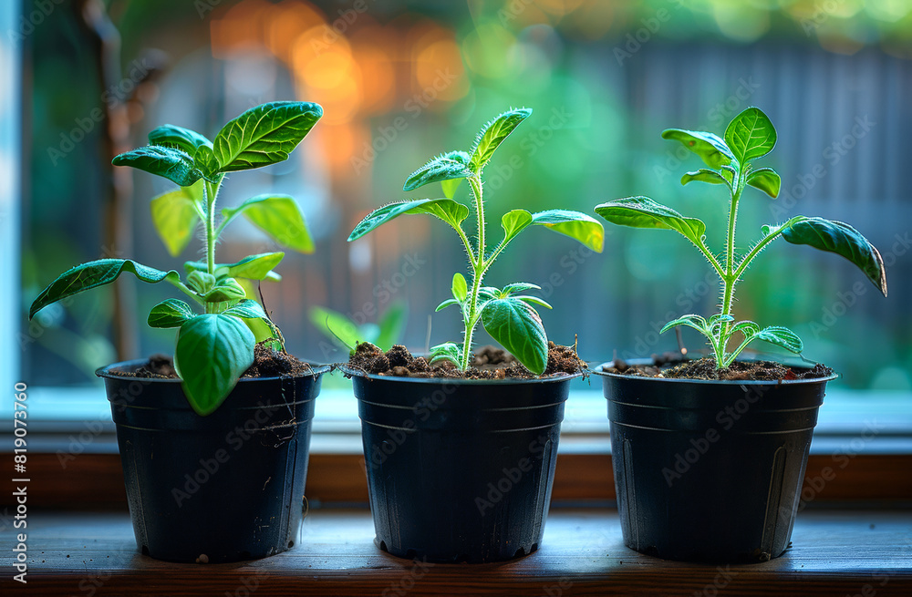 Fototapeta premium Three small basil plants are growing in black pots on windowsill.