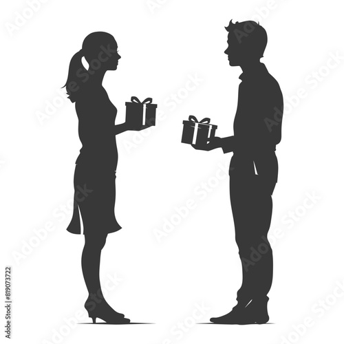 silhouette man and women couple exchanging gifts black color only