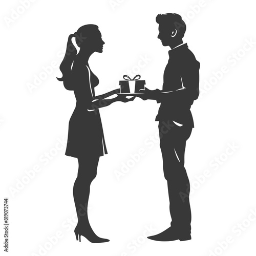 silhouette man and women couple exchanging gifts black color only