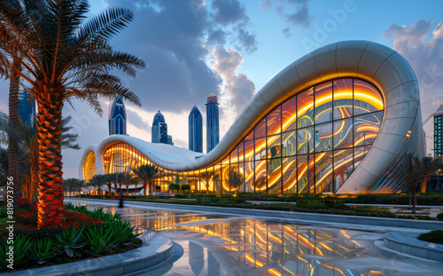 The building is modern building with futuristic design Abu Dhabi UAE photo