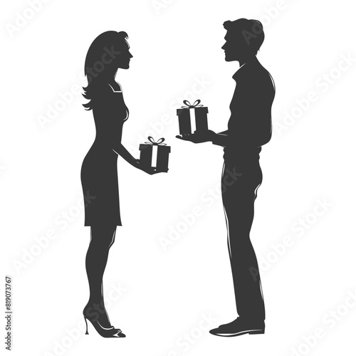 silhouette man and women couple exchanging gifts black color only