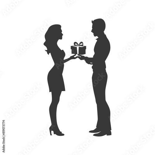 silhouette man and women couple exchanging gifts black color only