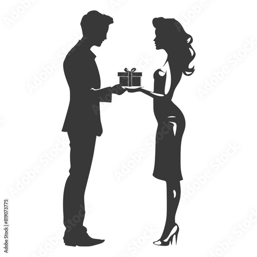 silhouette man and women couple exchanging gifts black color only