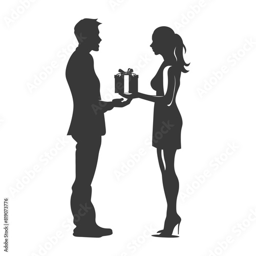 silhouette man and women couple exchanging gifts black color only