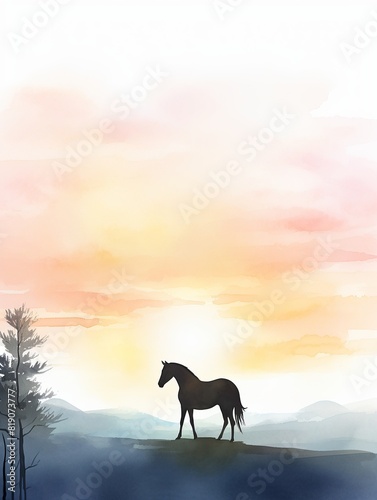 horse standing in a field at sunset with a watercolor background