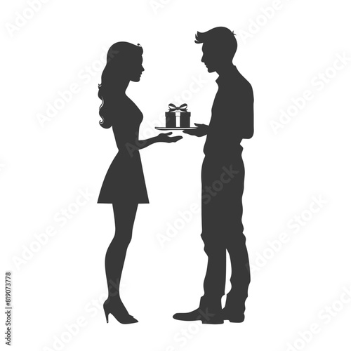 silhouette man and women couple exchanging gifts black color only