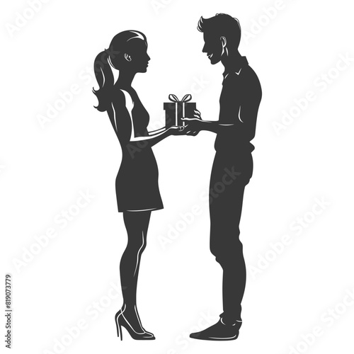 silhouette man and women couple exchanging gifts black color only