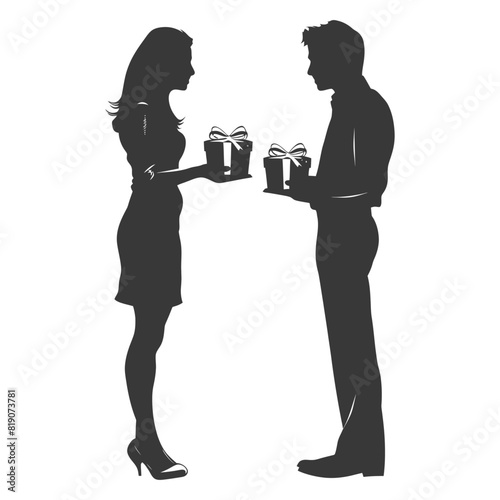 silhouette man and women couple exchanging gifts black color only