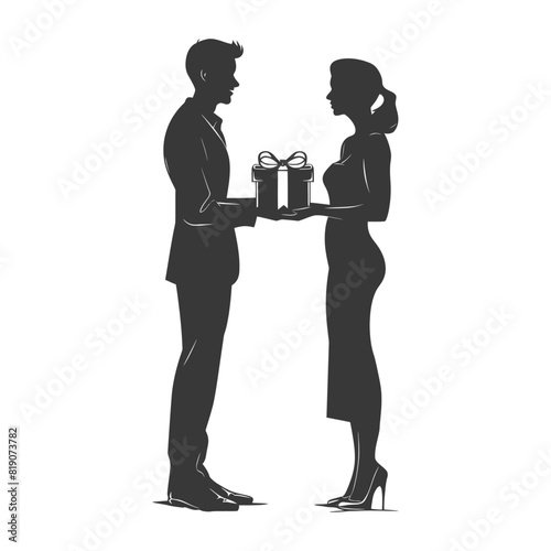 silhouette man and women couple exchanging gifts black color only