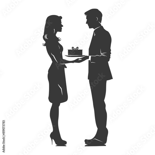 silhouette man and women couple exchanging gifts black color only