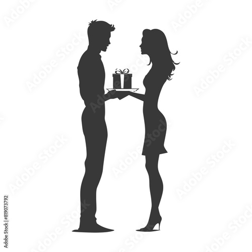 silhouette man and women couple exchanging gifts black color only