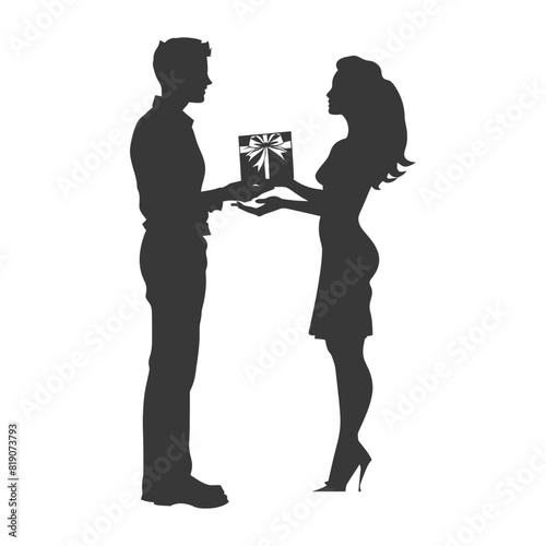 silhouette man and women couple exchanging gifts black color only