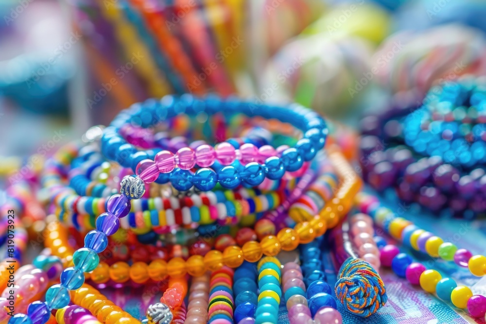 A variety of colorful beaded bracelets displayed on a table. Perfect for jewelry stores or fashion blogs