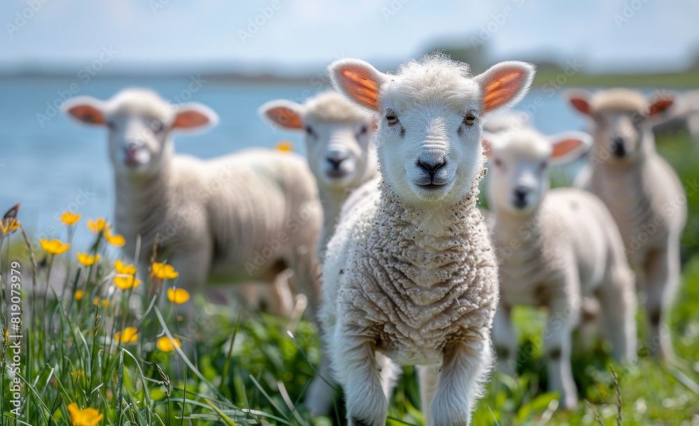 Lamb stands in field of grass and flowers looking at the camera. Lamb stands in field of grass and flowers looking at the camera.