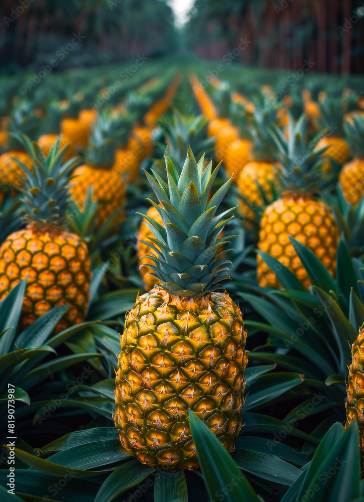 Pineapples in plantation. Field of pineapple plants with large and tall leaves on both sides of the road Pineapples in plantation. Field of pineapple plants with large and tall leaves on both sides of the road
