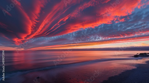 Fiery Scarlet Cirrostratus Clouds Creating the Illusion of a Dragon's Breath Over a Calm Sea at Sunrise photo