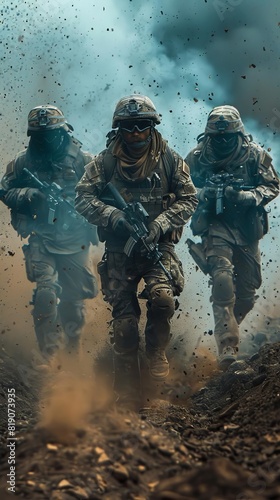 three halfhuman, halfdog figures dressed in modern military outfits running through a battlefield, dirt flying into the air, gritty color palette, hd,