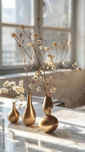 Three Gold Vases on a Table by a Window