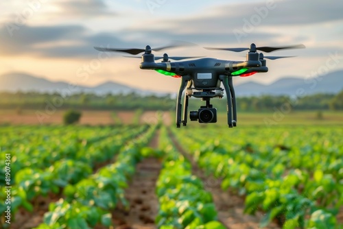 Advanced high-tech digitalisation in modern farming with efficient drone technology for crop protection and agricultural precision in smart farming industry practices