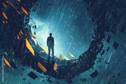 A man standing in the middle of a tunnel in the rain. Suitable for various concepts and themes