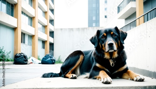 A vigilant black and tan dog sits calmly amidst a stark urban backdrop, with high-rise buildings and scattered refuse bags.. AI Generation
