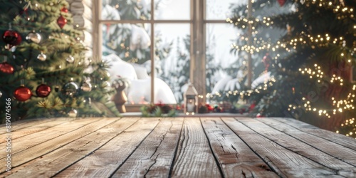 Empty wood table with beautiful Christmas room in wood cottage with view of winter nature