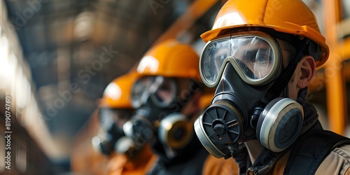 Evaluating Toxic Spills in Industrial Warehouses: Technicians in Gas Masks. Concept Industrial Spills, Toxic Environments, Warehouse Hazards, Gas Mask Protection, Technician Safety