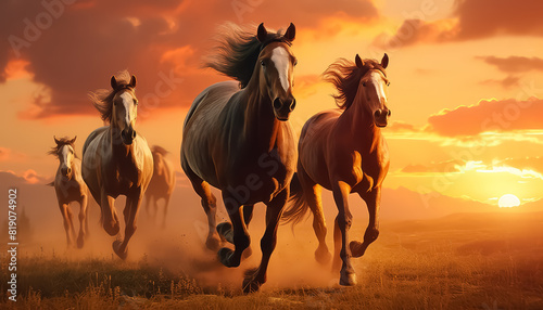 Four horses running in a field with a beautiful sunset in the background © terra.incognita