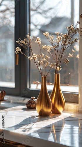 Three Gold Vases on a Table by a Window