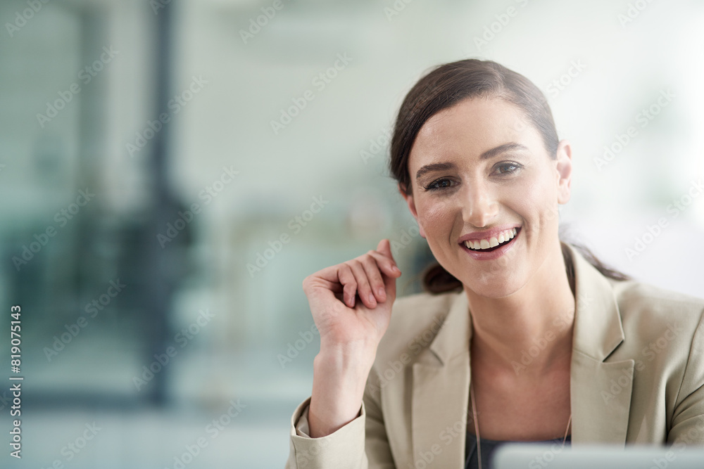 Smile, woman and portrait with notification in office for social media post, communication or online business. Corporate, copywriter and technology on desk for internet research or press connectivity Smile, woman and portrait with notification in office for social media post, communication or online business. Corporate, copywriter and technology on desk for internet research or press connectivity