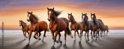 Wild horses running free on the open plains at sunset