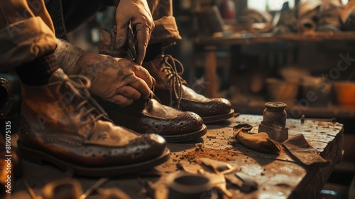 A man working on repairing a pair of shoes. Ideal for showcasing craftsmanship photo