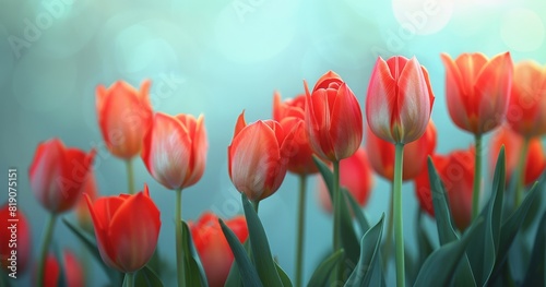 Bouquet of Red Tulips on Blue Background