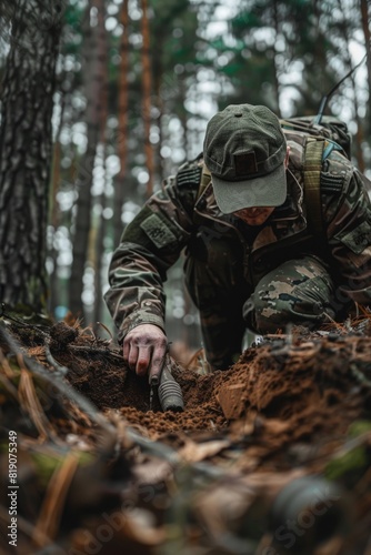 A man in camouflage kneeling down in the woods. Suitable for outdoor and military themed projects © Fotograf